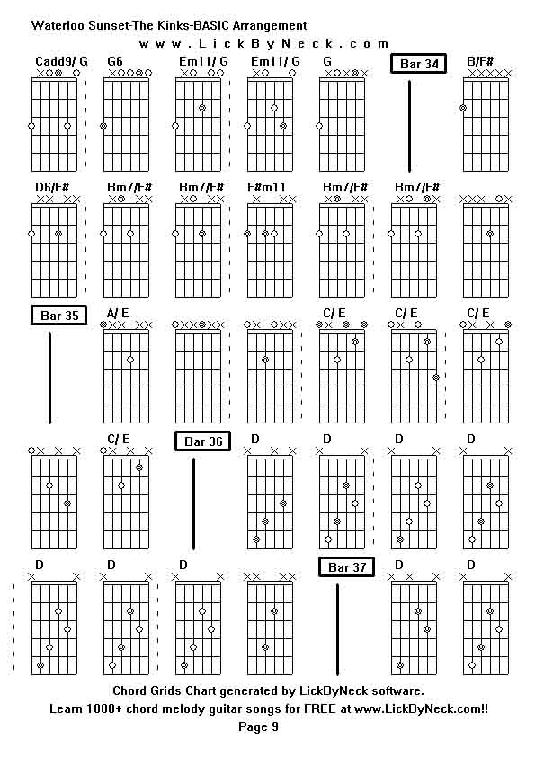 Chord Grids Chart of chord melody fingerstyle guitar song-Waterloo Sunset-The Kinks-BASIC Arrangement,generated by LickByNeck software.